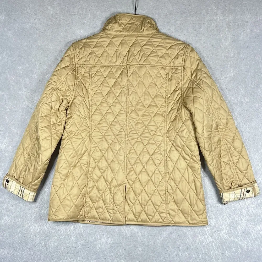 L.L.Bean Gold Quilted Jacket Women Small Tan Nova Check Plaid Lined Snap Button - Picture 6 of 9